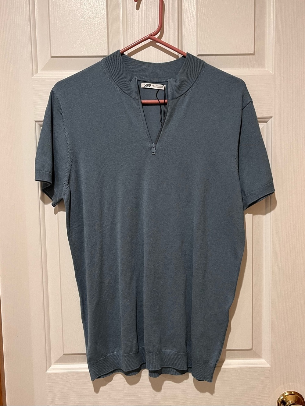 Zara Men’s Short Sleeve Knitted Polo Shirt w/ Zip Collar Blue Size Large NWOT